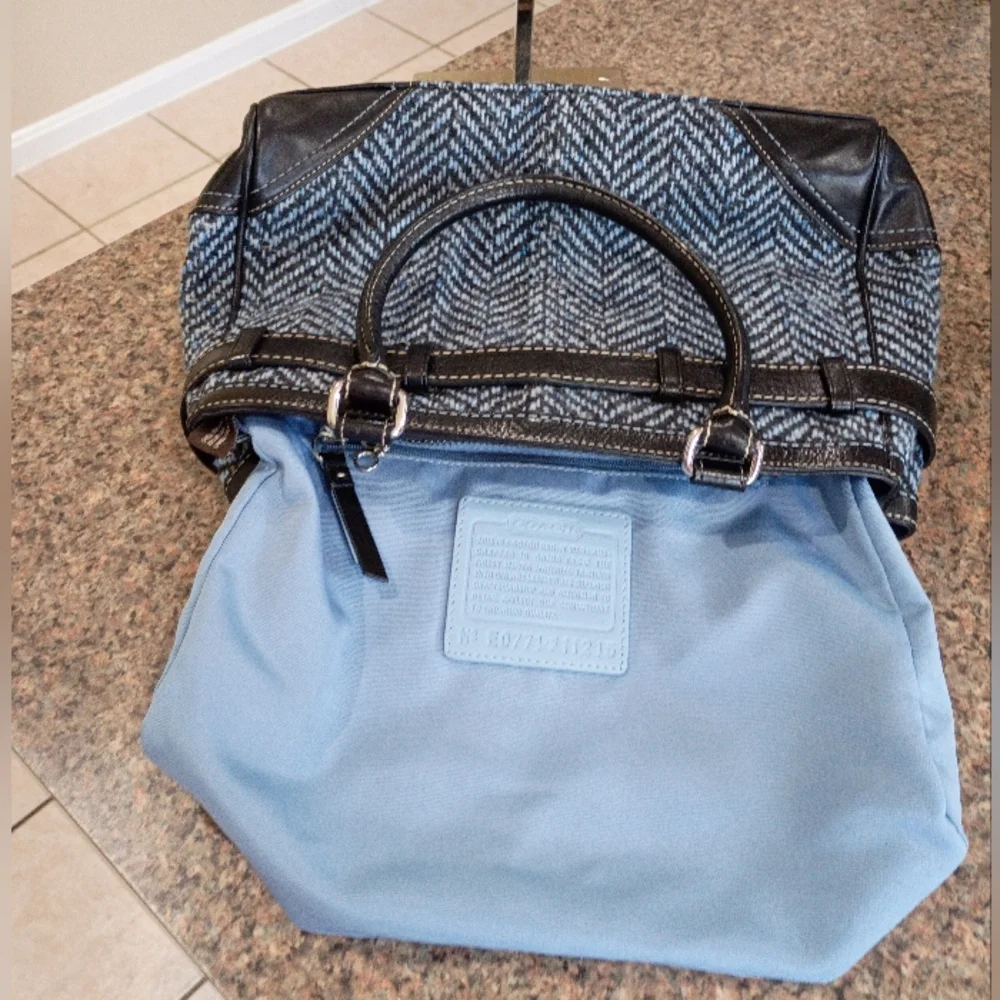 Coach Hampton Blue Black Wool Tweed Leather Trim Satchel - Picture 7 of 15